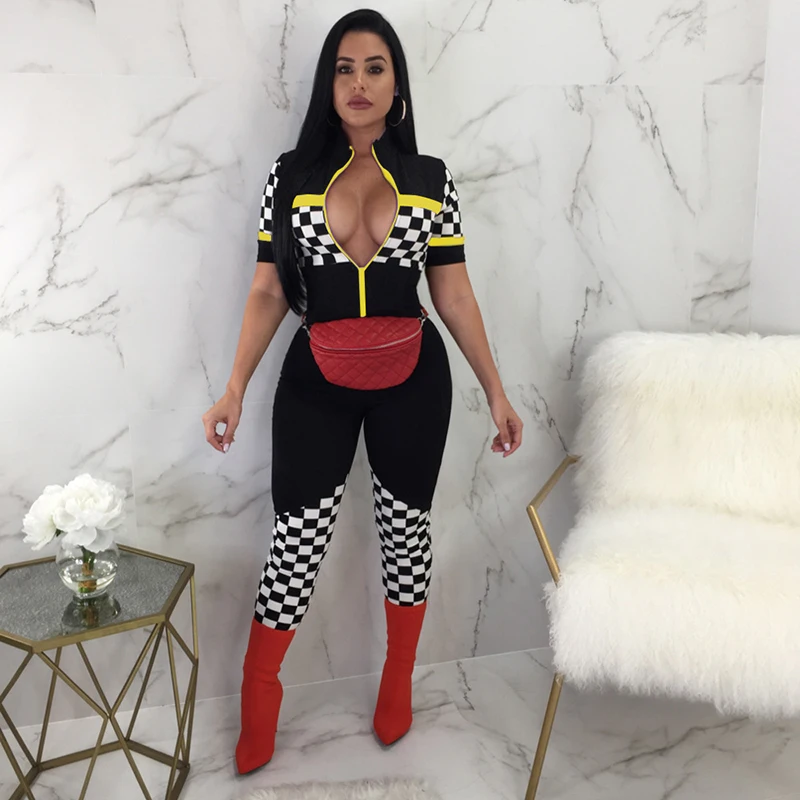 Женский Облегающий комбинезон в черно-белую клетку с v-образным вырезом большие