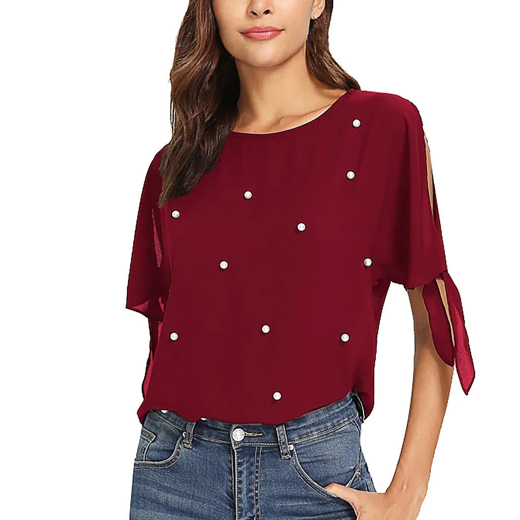 WE SAGACE, женская блузка, топы, летний топ, Повседневный, свободный, для женщин, на каждый день, с жемчужинами, с разрезом, с манжетами, с круглым вырезом, топы, рубашки, блузки - Цвет: WE