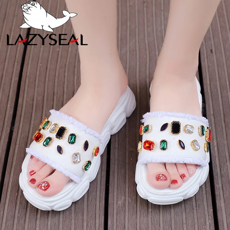 LazySeal летние шлепанцы на плоской подошве; женская обувь со стразами; вьетнамки на рифленой подошве; новые женские шлепанцы; Chanclas Mujer; коллекция года
