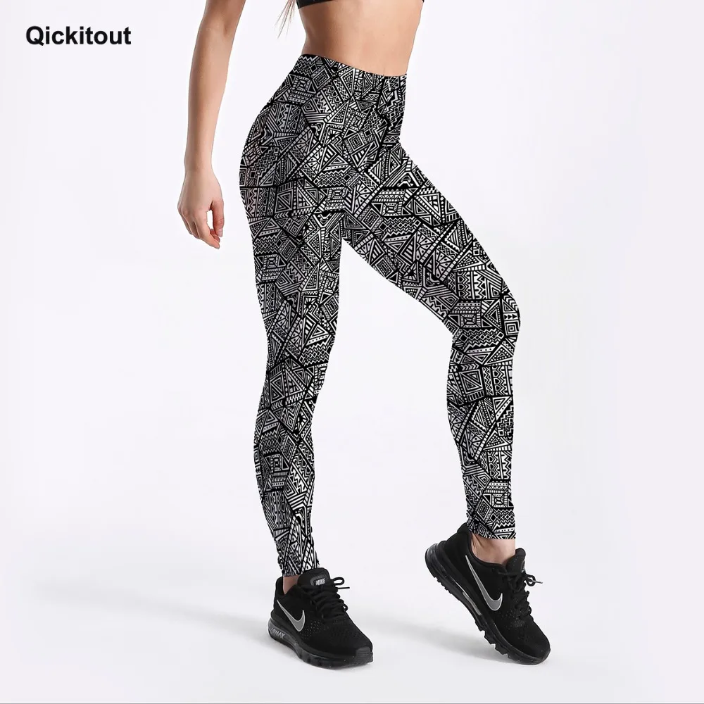 Qickitout, фольклорный стиль, модные женские леггинсы, черно-белые, геометрические, треугольные, с принтом, леггинсы, для фитнеса, тренировки, сексуальные, подходят, уличная одежда