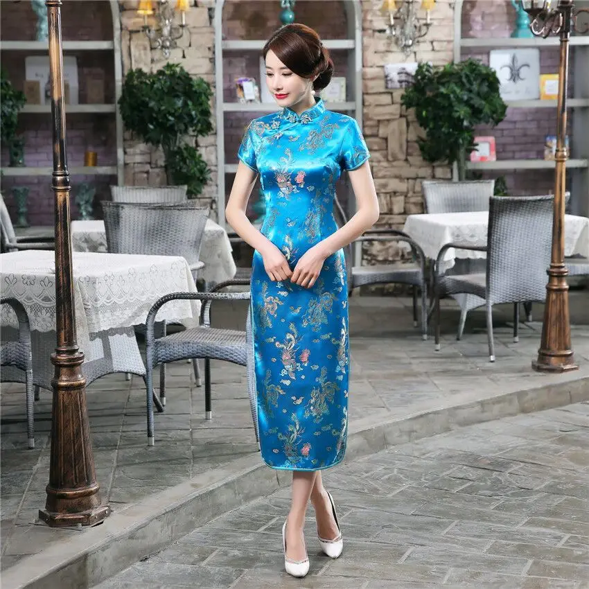 Светло-голубой Традиционный китайский стиль Cheongsam женское длинное платье Ципао