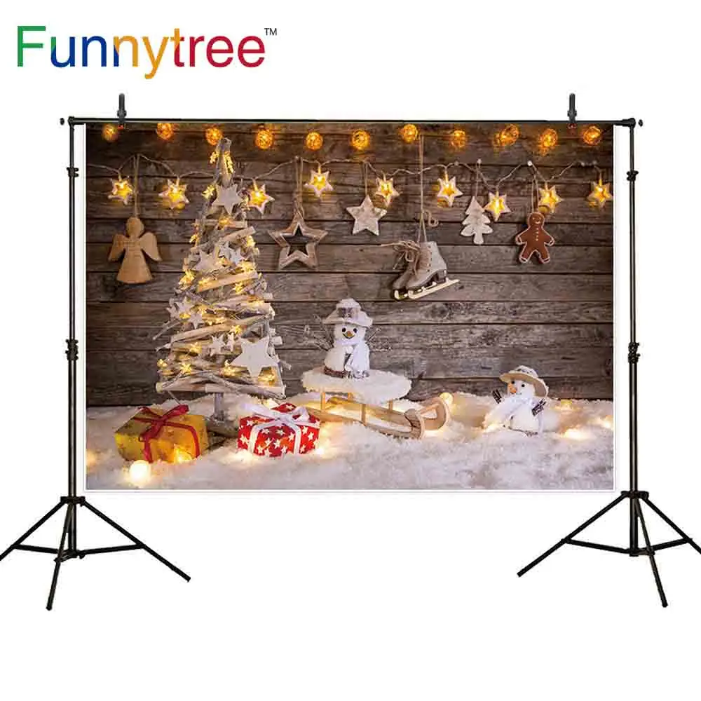 Фон для фотосъемки Funnytree коричневые деревянные светлые звезды снеговик зимние