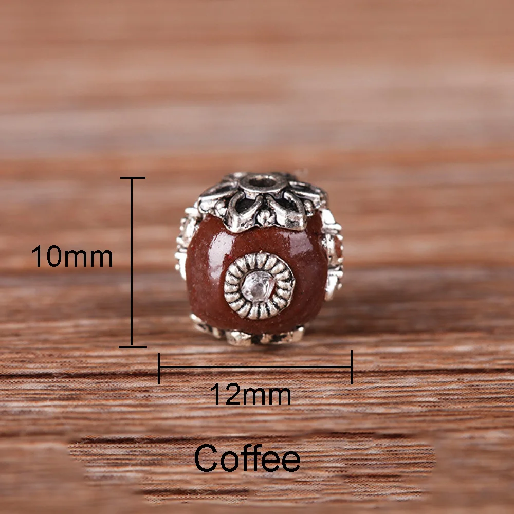 Coffee Бусины ручной работы из сплава меди, 12 мм, круглые индийские, непальские, индонезийские, тибетские бусины в винтажном стиле для изготовления браслетов и других ювелирных украшений, модель 1177 - Цвет: Coffee