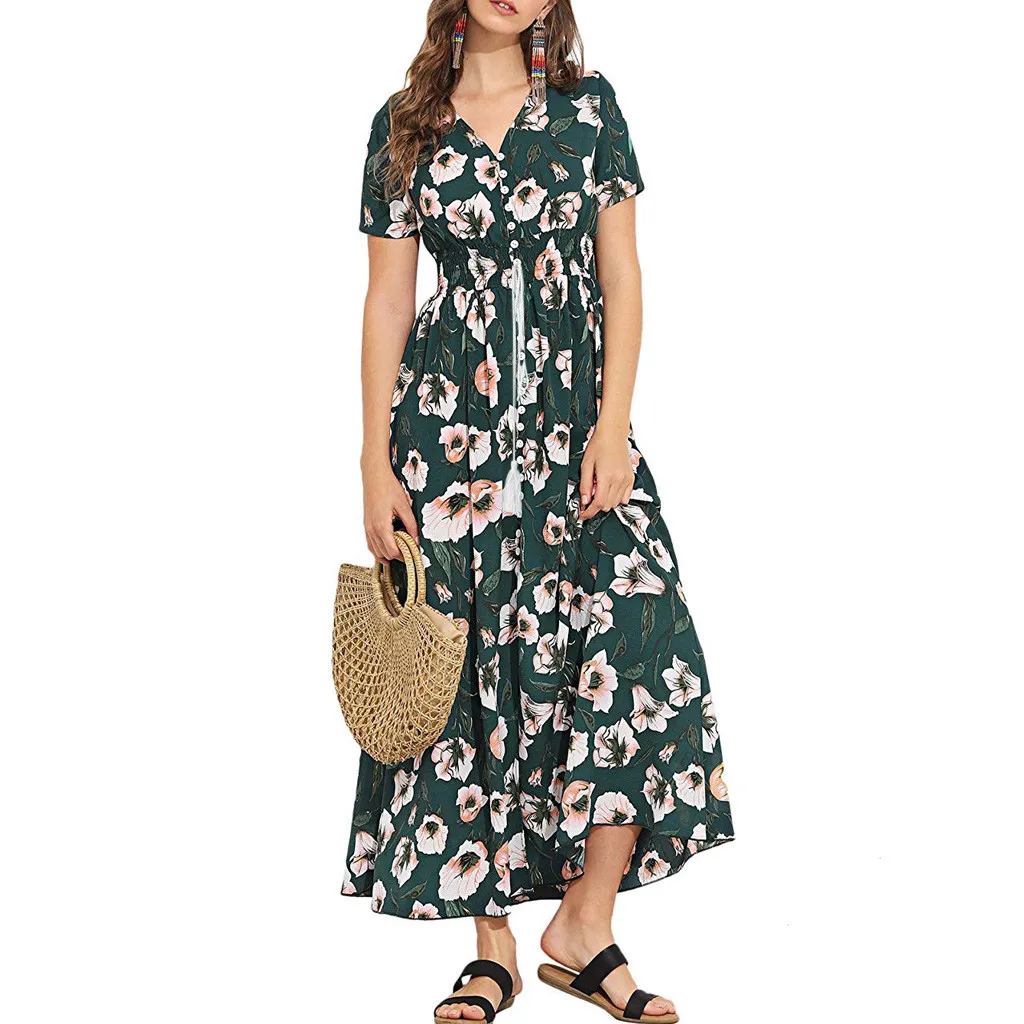Женское платье-макси с v-образным вырезом и цветочным принтом на пуговицах платье