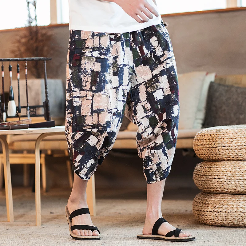 2021 New Chinese Style Mens Cotton Linen Pants Male Summer Casual Calf-Length Man Pattern Print Baggy Loose Trousers | Мужская одежда
