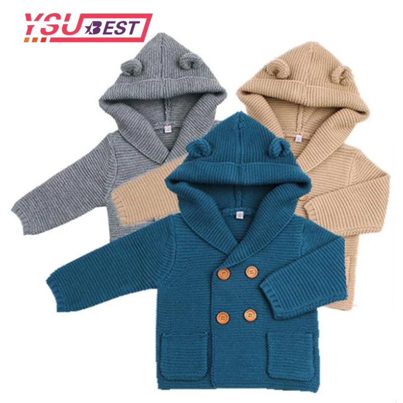 

2020 Autumn Baby Boy Knitted Cardigan Warm Girls Clothes Solid Color Hooded Coat Infant Girls Knitwear For Kids Children Sweater