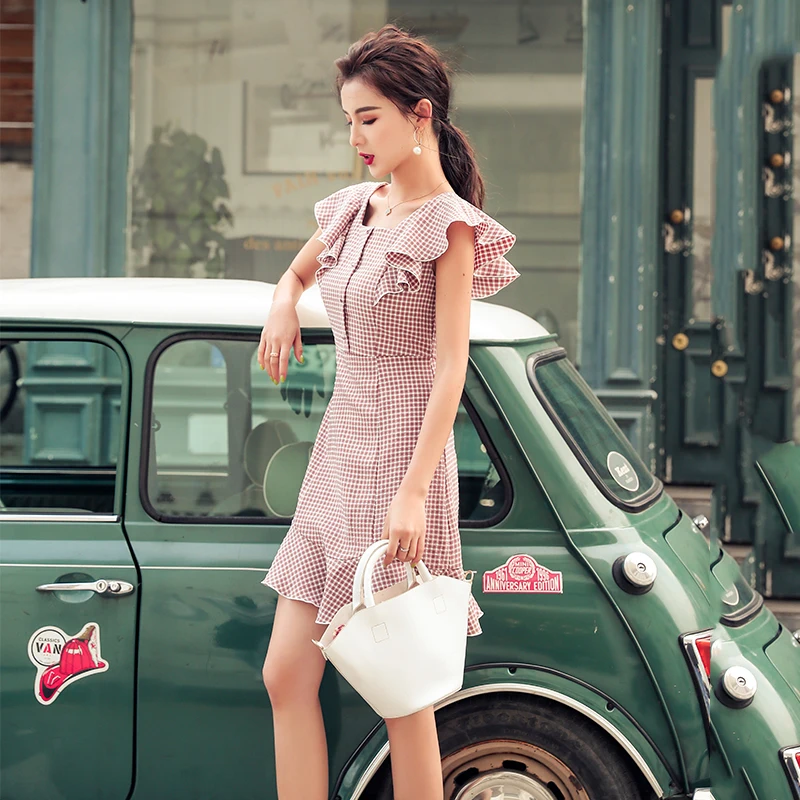 Женское летнее платье 2019 Новое поступление элегантный короткий рукав с оборками