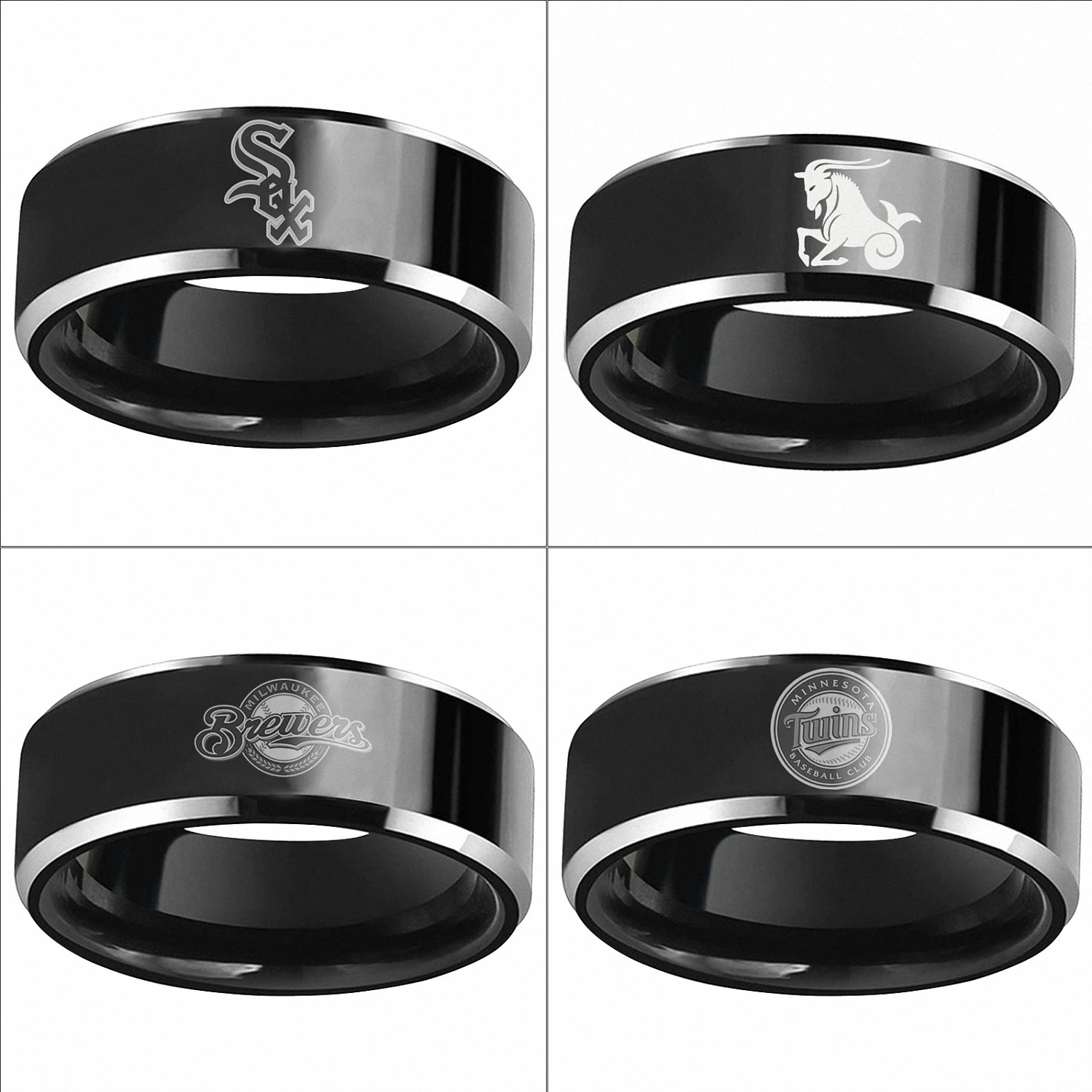 Свадебные Кольца Chicago White Sox зодиака козерог Милуоки 8 мм Mens Two Tone Черный и