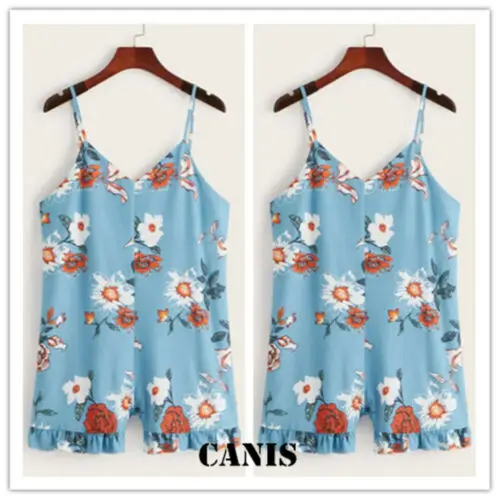 Женский комбинезон на бретельках голубой пляжный костюм с цветочным принтом S XL