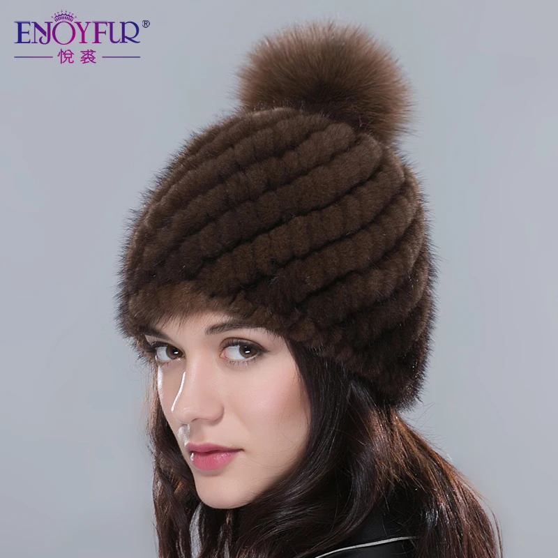 ENJOYFUR шапки из натурального меха норки для женщин Зимняя вязаная норковая шапка с