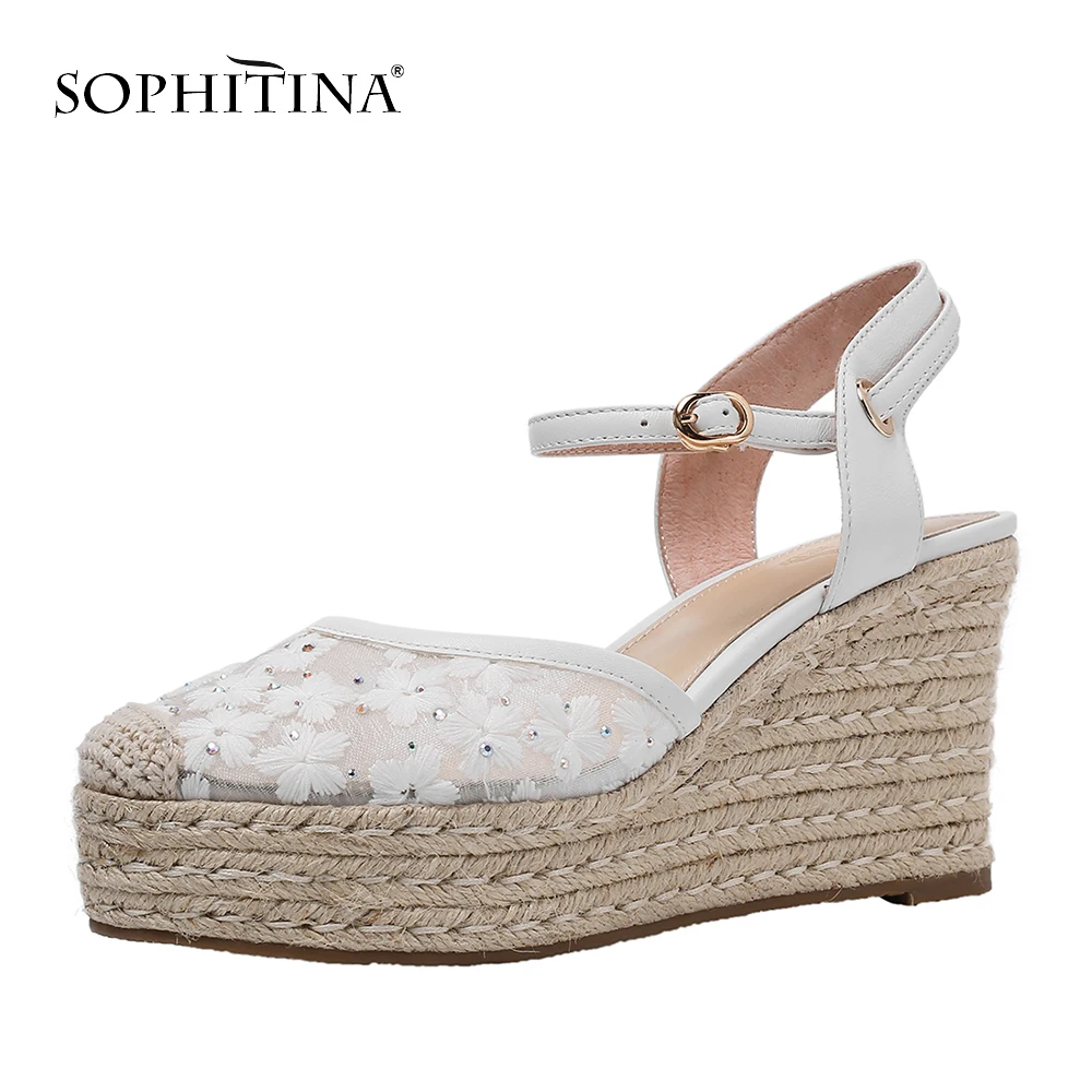 SOPHITINA/Модные женские босоножки на соломенном каблуке черные туфли ручной работы