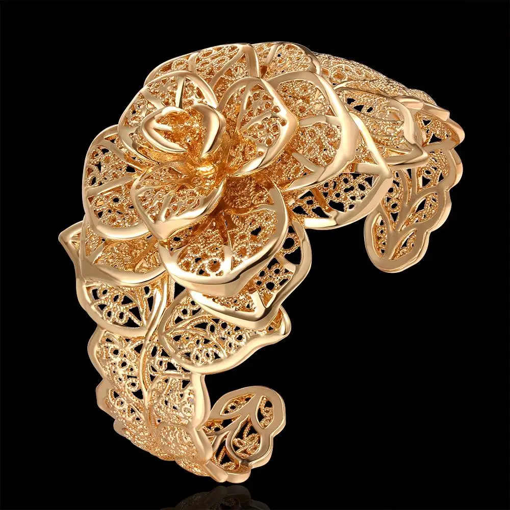 Браслет манжета из филиграни с цветком жёлтый золотистый Модный женский браслет