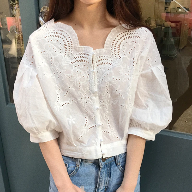 Женская Однотонная рубашка Camicia белая однотонная с вырезом квадратным и пышными