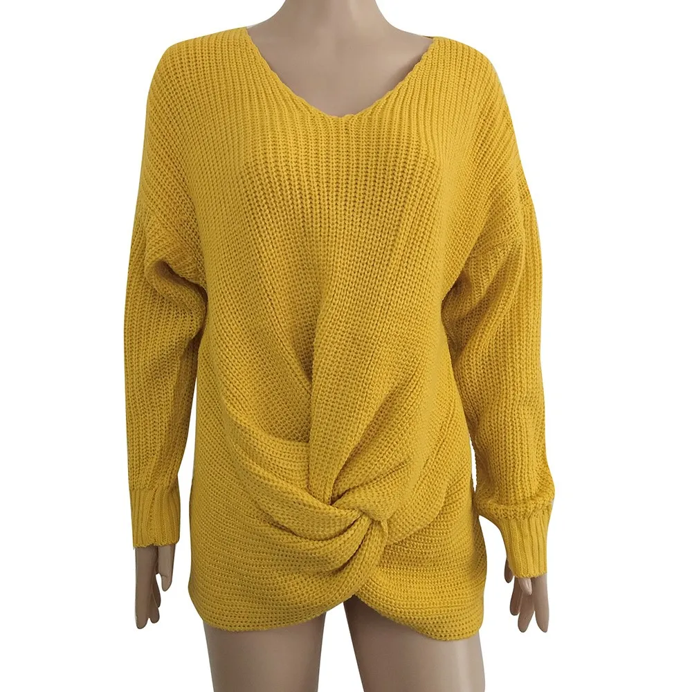 

2019 V Neck Solid Women Sweaters Blouse Womens Long Sleeve O Neck Sweater Solid Tie Front Knit Pullover Jumper#15