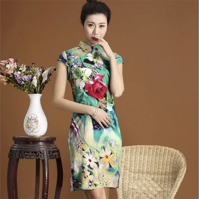 Розовый Китайские платья Ципао Cheongsam из хлопка и льна Mujer Vestidos размера плюс для женщин короткие 3XL 4XL 5XL летние Новое поступление - Цвет: Розовый