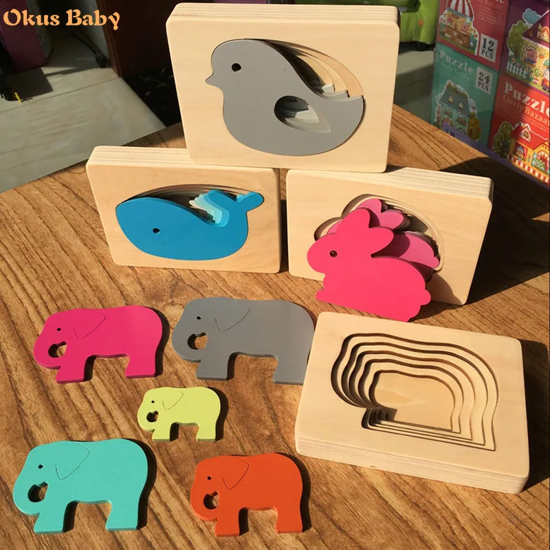 

2021 New Kids Wooden Toys For Children Animal Carton 3D Puzzle Multilayer Jigsaw Puzzles Baby Toys Child Early Educational Aids