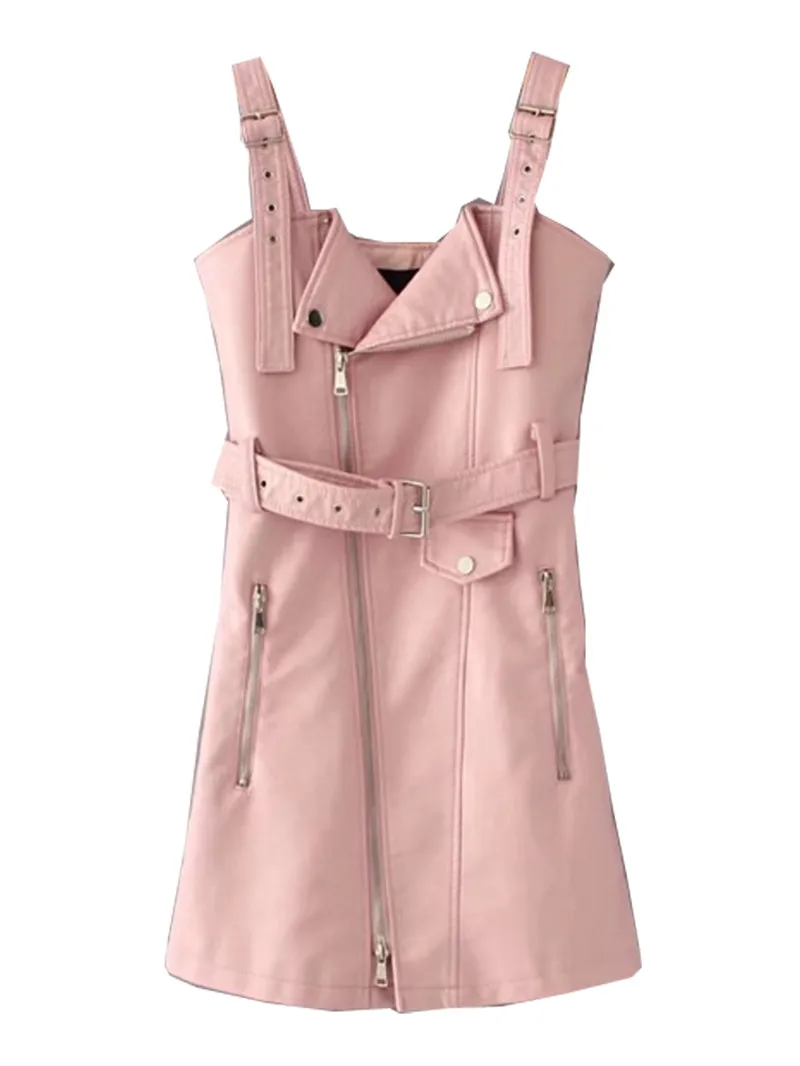 Pink Женское мини-платье из искусственной кожи, сексуальные платья, искусственная кожа, туника, пояс на молнии, женские платья, Осень-зима, без рукавов, женская одежда - Цвет: Pink