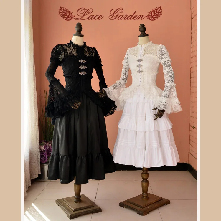 Vintage Women's Illusion Neckline Lace Blouse Gothic Long Flare Sleeve Ruffled Top by Garden | Женская одежда