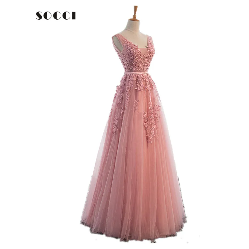 Dirty Pink Платье для выпускного вечера vestido de festa сексуальное платье с v-образным вырезом высокое качество серое Тюлевое платье с аппликацией вечернее платье - Цвет: Dirty Pink