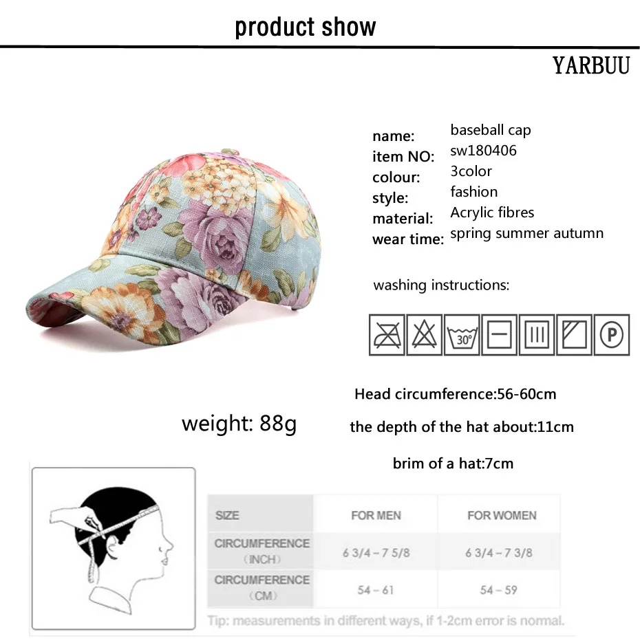 [YARBUU] Дамская бейсболка с цветочным принтом, новинка, модная высококачественная повседневная бейсболка шапка, весенние кепки для девочек, Прямая поставка