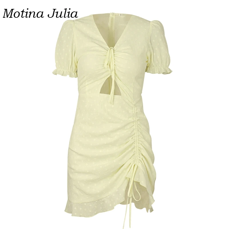 Motina Julia 2019 trendy dot print cotton dress boho beach ruffle mini streetwear day female vestidos | Женская одежда