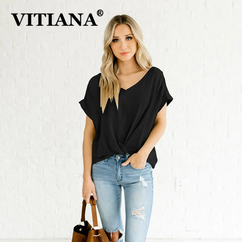 VITIANA Женская Повседневная футболка лето 2019 Формальная однотонная черная с