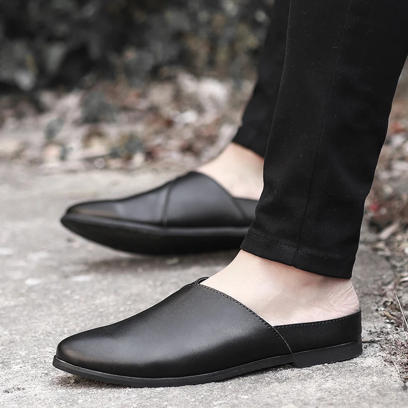 Мужские кожаные туфли на плоской подошве черные дышащие лоферы удобная обувь