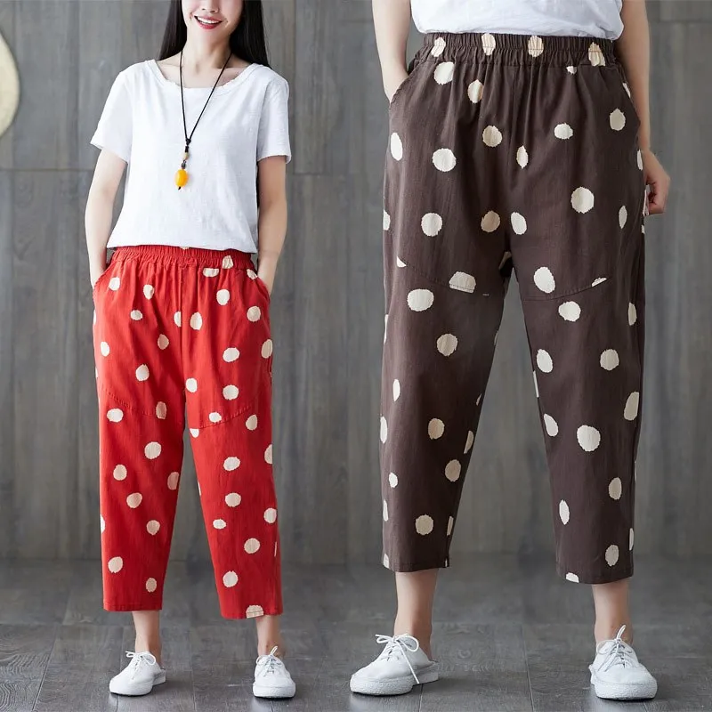 Women's Polka Dot Harem Pants Print Cotton and Linen Lady Loose Large Size Wild Casual | Женская одежда