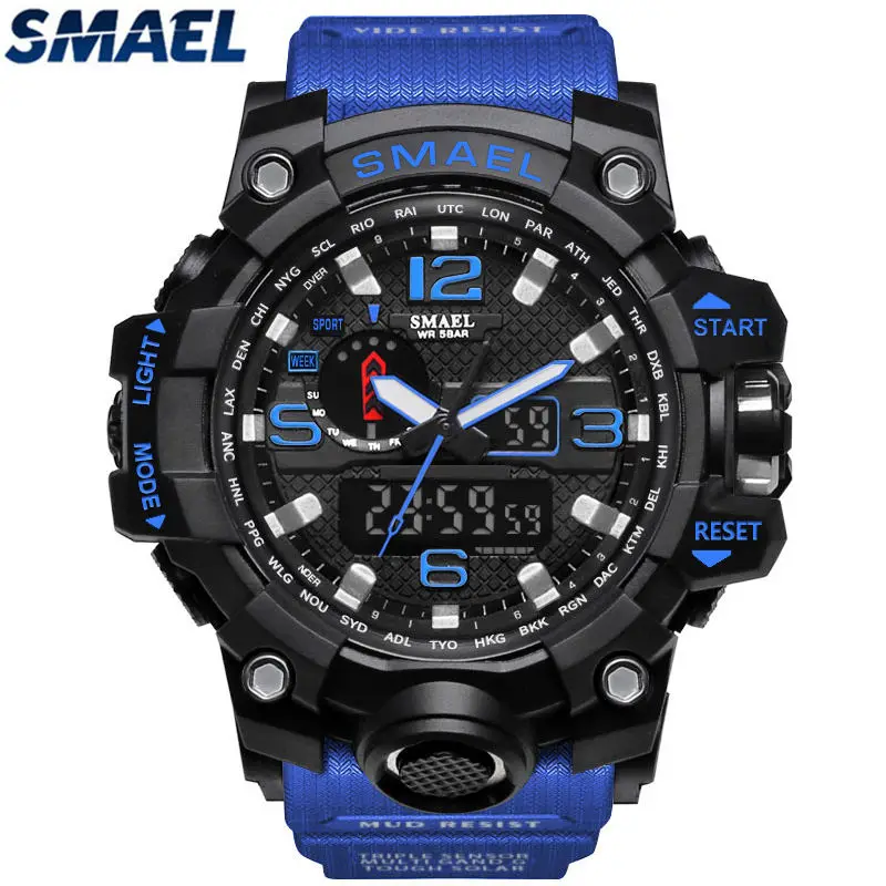 Blue SMAEL мужские спортивные модные аналоговые кварцевые часы светодиодный Секундомер цифровые часы водонепроницаемые ударные мужские военные часы Relogio Mas - Цвет: Blue