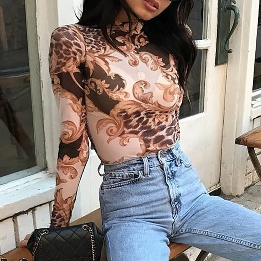 Женская сексуальная рубашка с высоким воротником сетевая пряжа перспективным