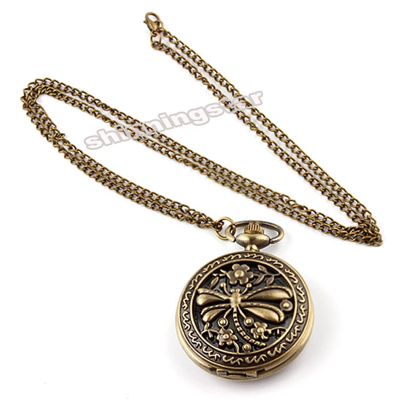 Античный цветок стрекоза карманные часы бронзовая цепочка Брелок кварцевые для