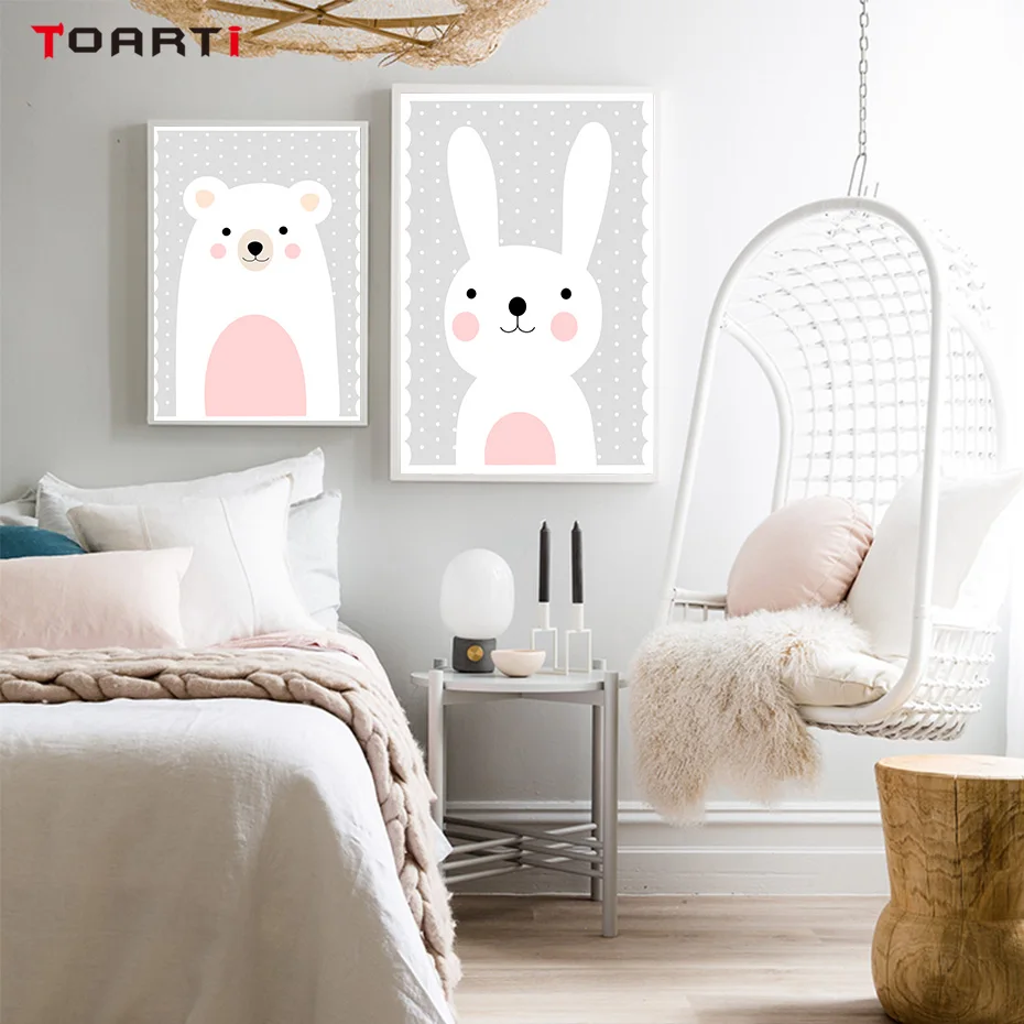 Kawaii Bear Rabbit настенная живопись на холсте милые животные мультфильм принты для