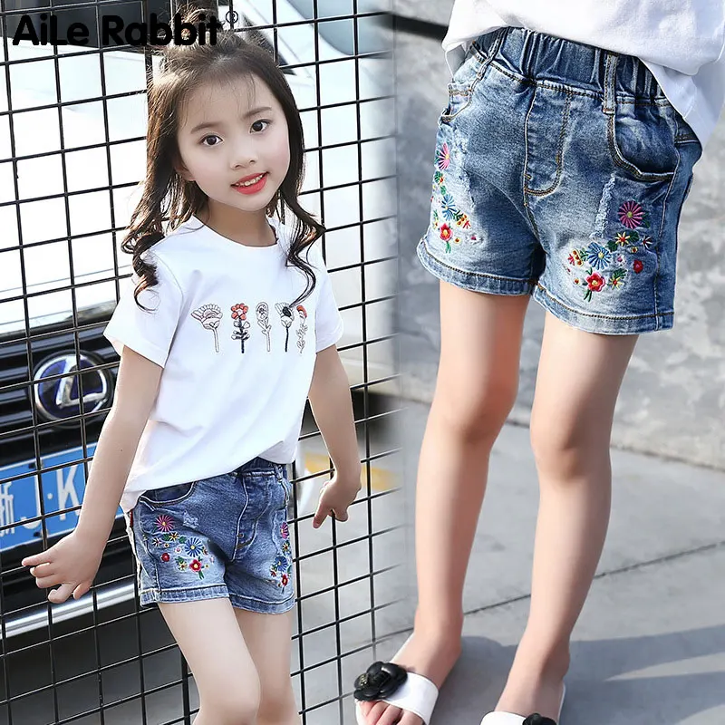 AiLe Rabbit 2019 новые летние джинсовые шорты для девочек с вышивкой цветы модная