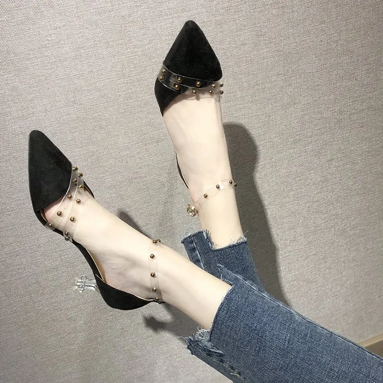 Весенняя замшевая прозрачная пленка ПВХ полый заостренный Высокий каблук Пряжка