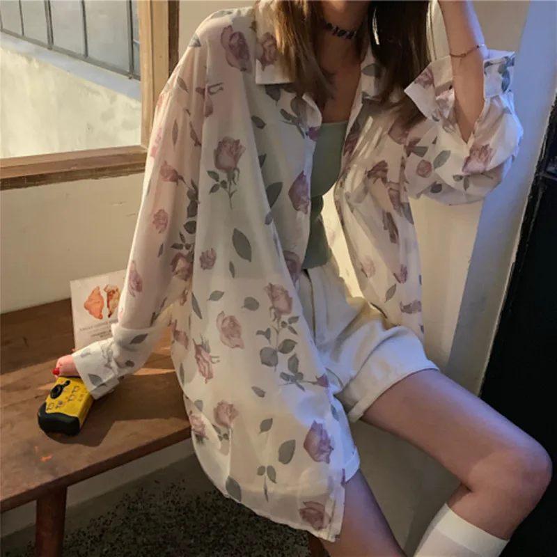 2019 летнее платье в Корейском стиле с цветочным принтом Длинные рукава блузки