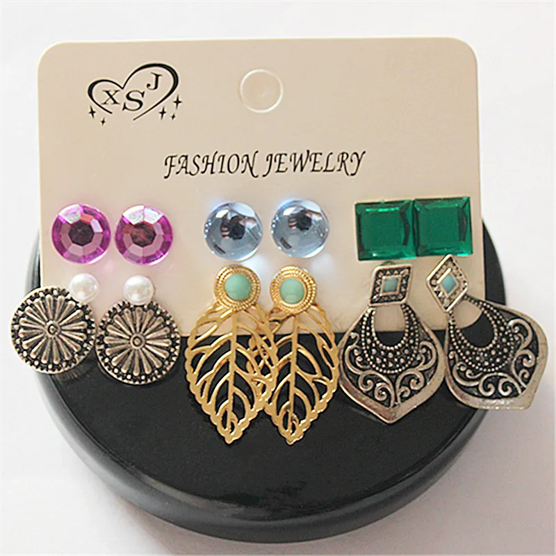 New fashion women jewelry wholesale girl boho earrings beautiful pink/ green mix type 9 pairs / set gifts free shipping | Украшения и