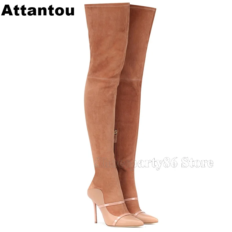 

Fashion Nude Suede Leather Pointed Toe Straps Thin High Heel Women Boots Winter Over The Knee Boots Plus size 43