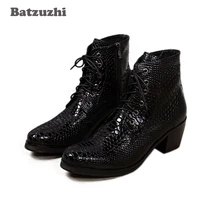 batzuzhi 6 8cm high heels men boots round toe lace up leather male ankle boots fashion japanese style boots men partywedding