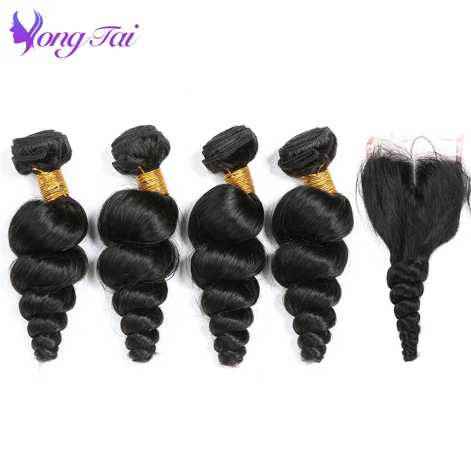 YuYongtai 5pcs/lot Malaysian Loose Wave 4 Bundles With Closure 100% Human Hair With Closure Natural Black Non-Remy Can Be Dyed