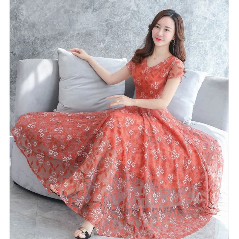 Красное розовое кружевное платье для вечерние милое женское с v образным вырезом