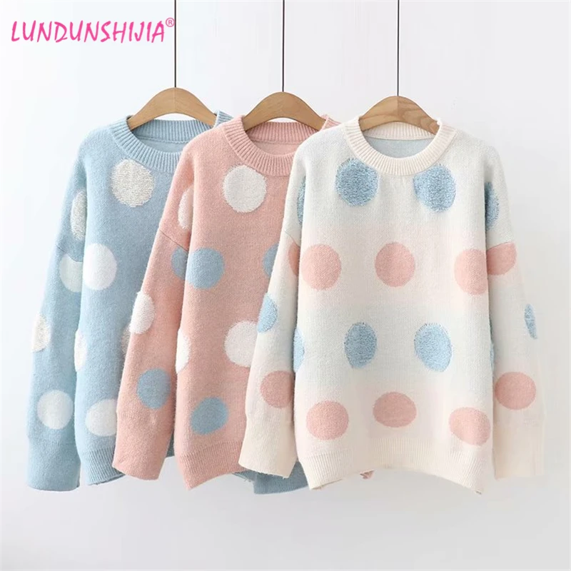 LUNDUNSHIJIA High Quality Towel Embroidered Circle Dots Sweaters Women 2018 Winter Loose Pullovers Knitted Female Sweater | Женская
