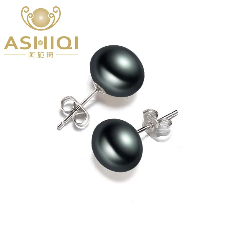 ASHIQI 925 пробы Серьги-гвоздики с серебряным жемчугом для женщин, ювелирные изделия из черного натурального пресноводного жемчуга, новая мода