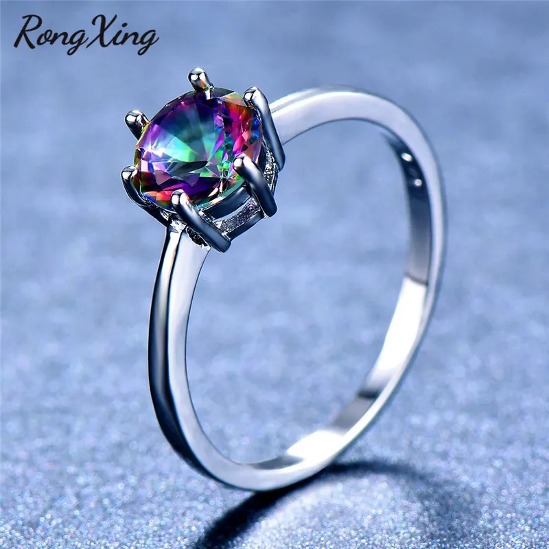 RongXing Мистик огненный Радужный камень кольца для женщин Серебряный цвет
