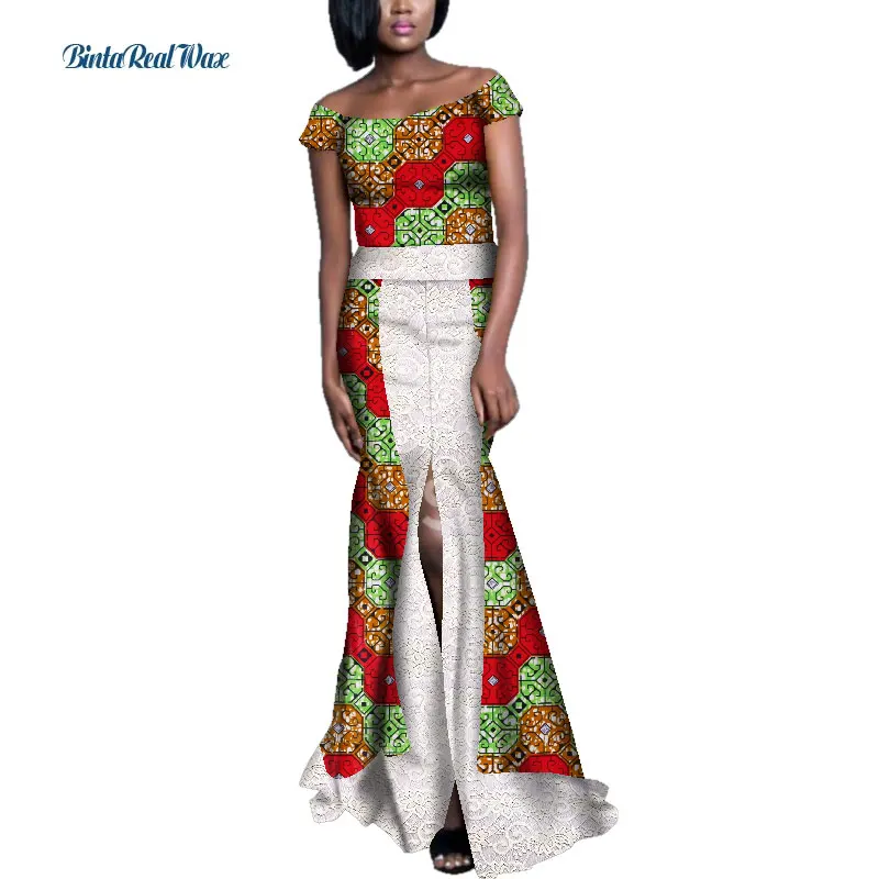 New African Print Dresses for Women Long Split Lace Dress Draped Patchwork Bazin Riche Vestidos African Ankara Clothing WY3565