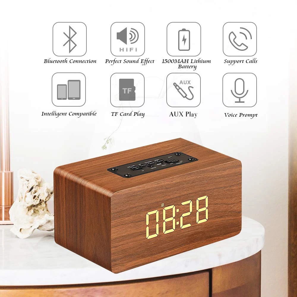 Bluetooth динамик цифровой Деревянный Будильник, V4.2 Портативный беспроводной двойной драйвер спикер s, 1500 Mah, светодиодный дисплей времени