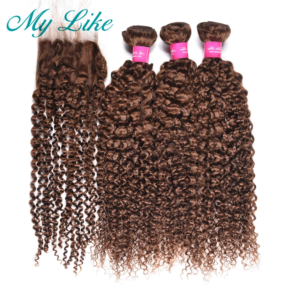 My Like 3 пучка s монгольская причудливая завивка волос с закрытием #4 светло