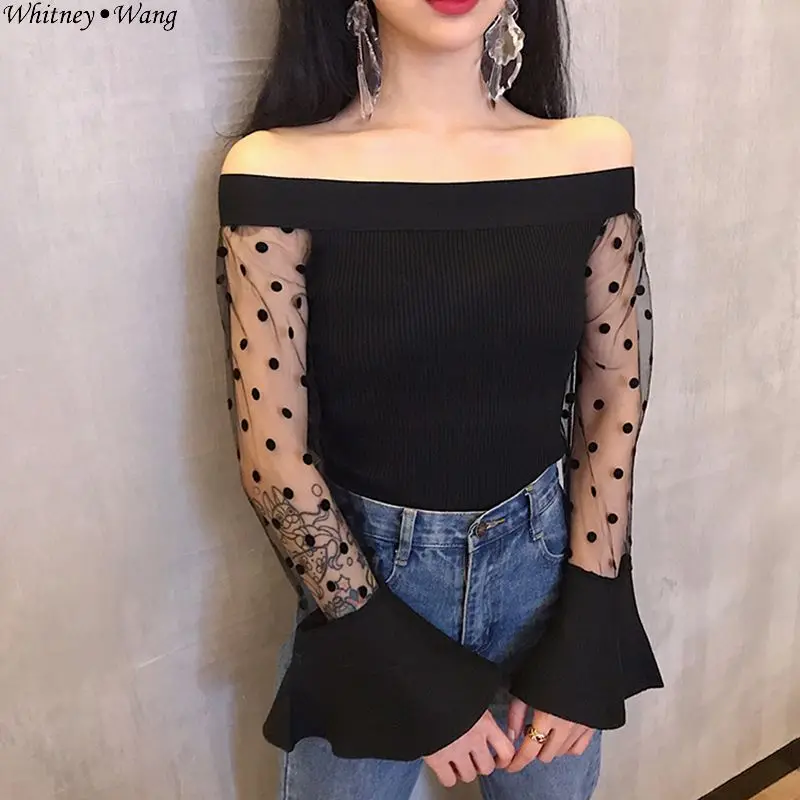 WHITNEY WANG 2019 Весна Осень Мода Уличная Сексуальная Слэш шеи точка сетки лоскутное Flare