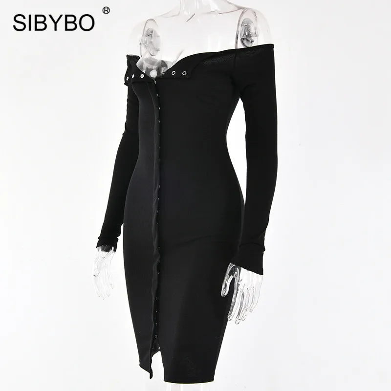 Sibybo, без бретелек, однобортное, сексуальное платье для женщин, осень, с открытыми плечами, с длинным рукавом, повседневное, бодикон, платье с открытой спиной, Клубные, вечерние платья