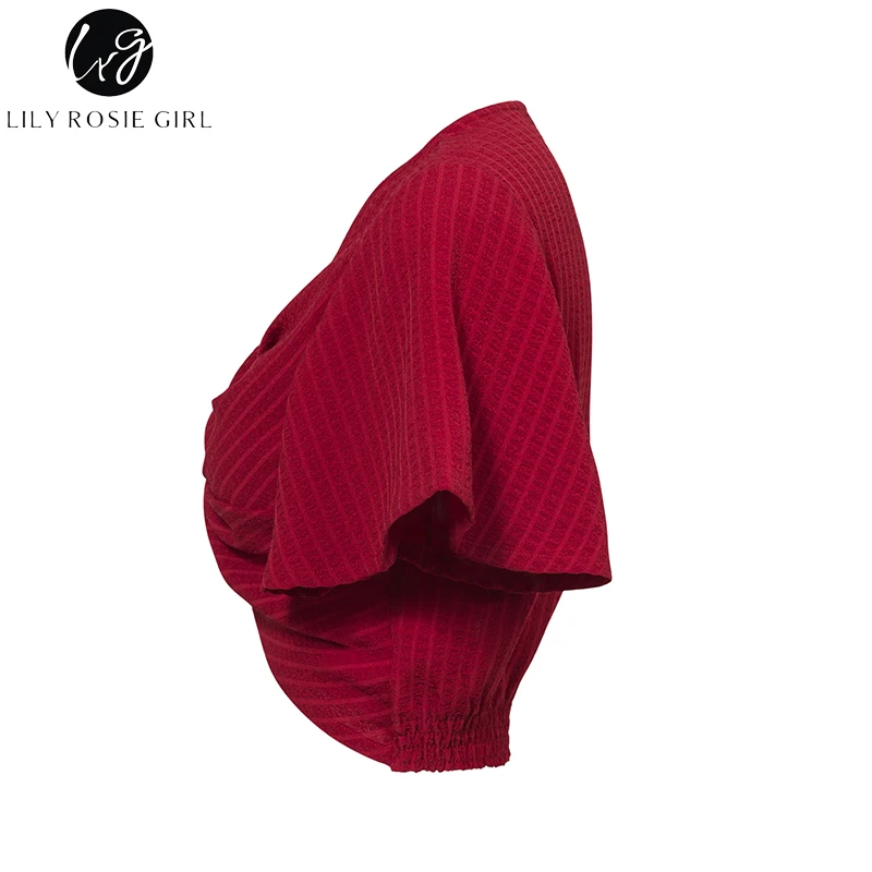 Лили Rosie девушка сексуальная V Neck Crop Для женщин блузки 2018 летние красные рубашки с