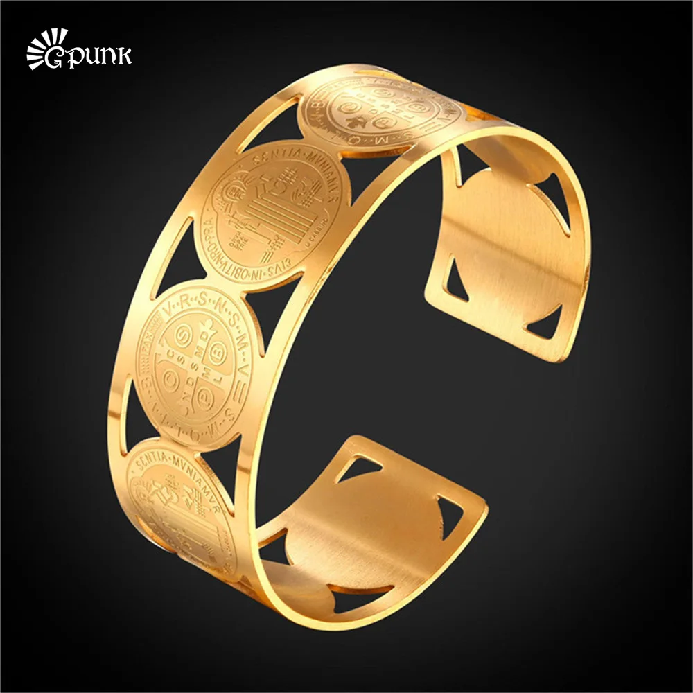 Старинные антикварные орден Святого Бенедикта Широкий Браслет манжета с крестом